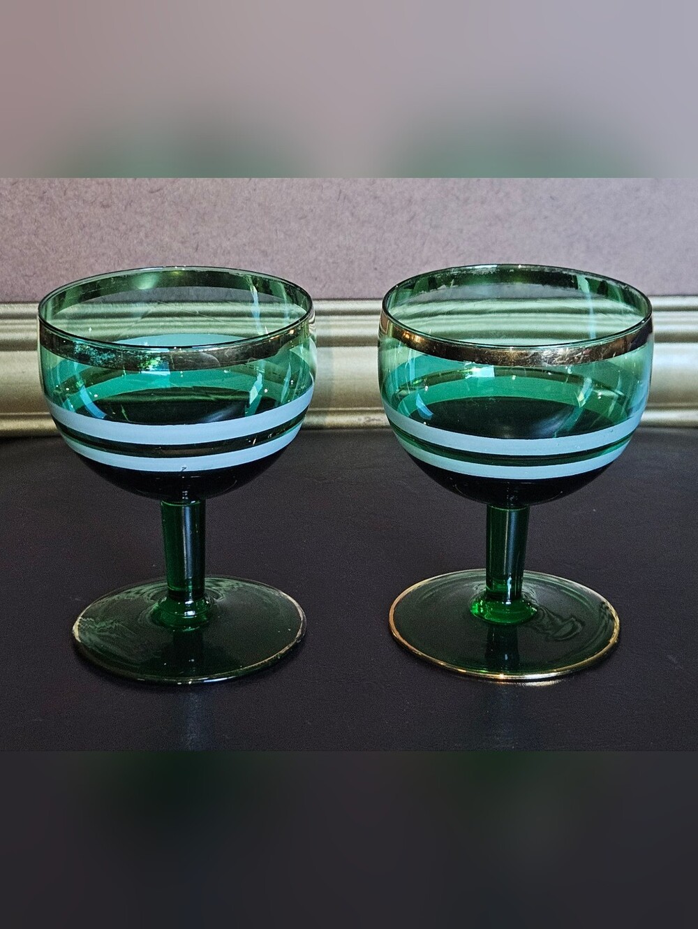 Vintage Emerald Green Coupe Glasses with White Stripe and Gold Trim- Set of 2